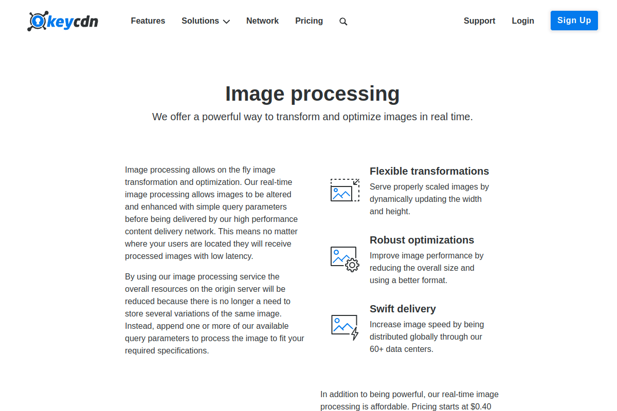 KeyCDN image processing page showing real-time image optimization with on-the-fly resizing cropping and format conversion