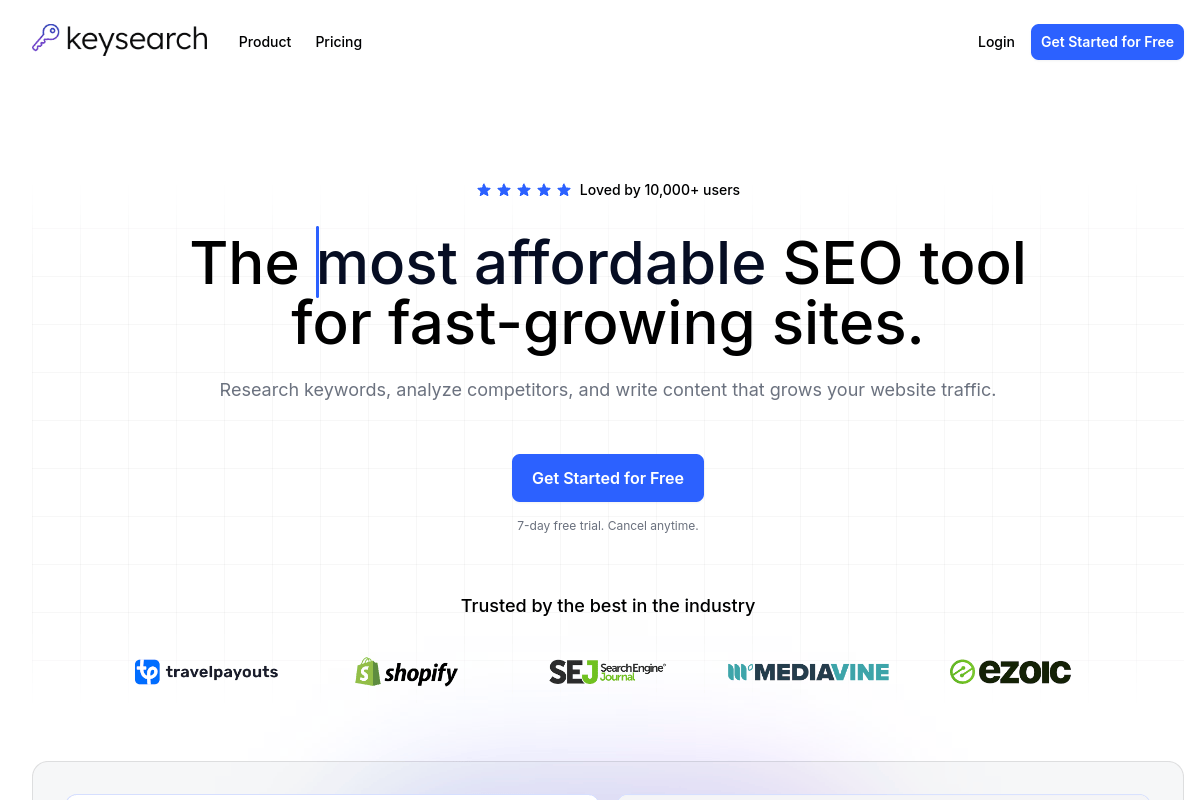 KeySearch homepage showing its affordable keyword research platform with keyword difficulty scoring and competitor analysis