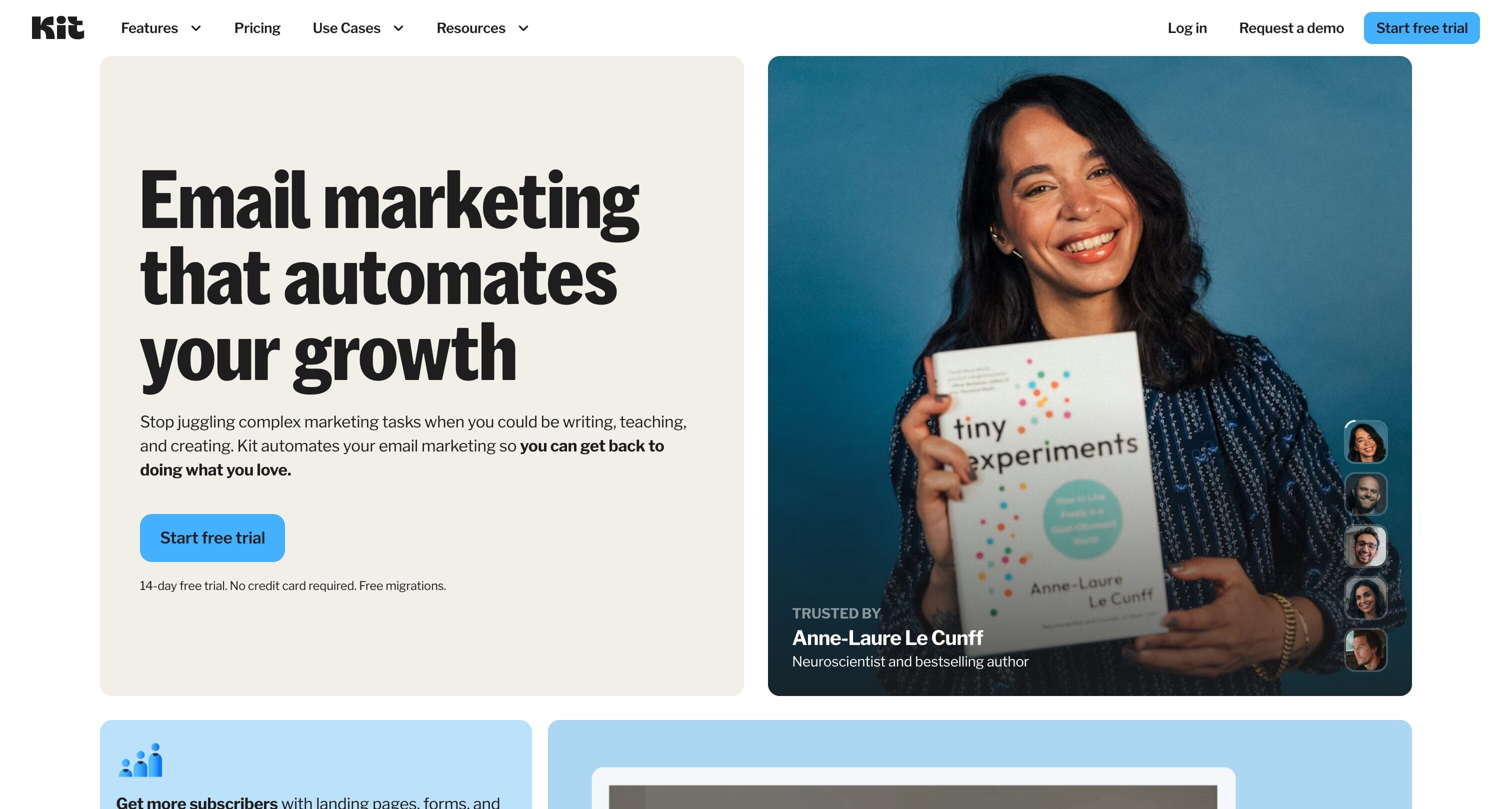 Kit homepage showing email marketing platform built specifically for creators, bloggers, and online businesses