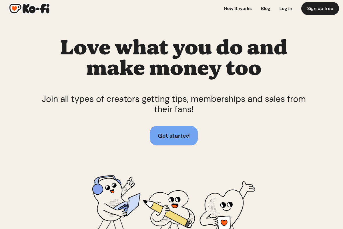 Ko-fi homepage showing tip jar, digital product shop, and membership features for creators
