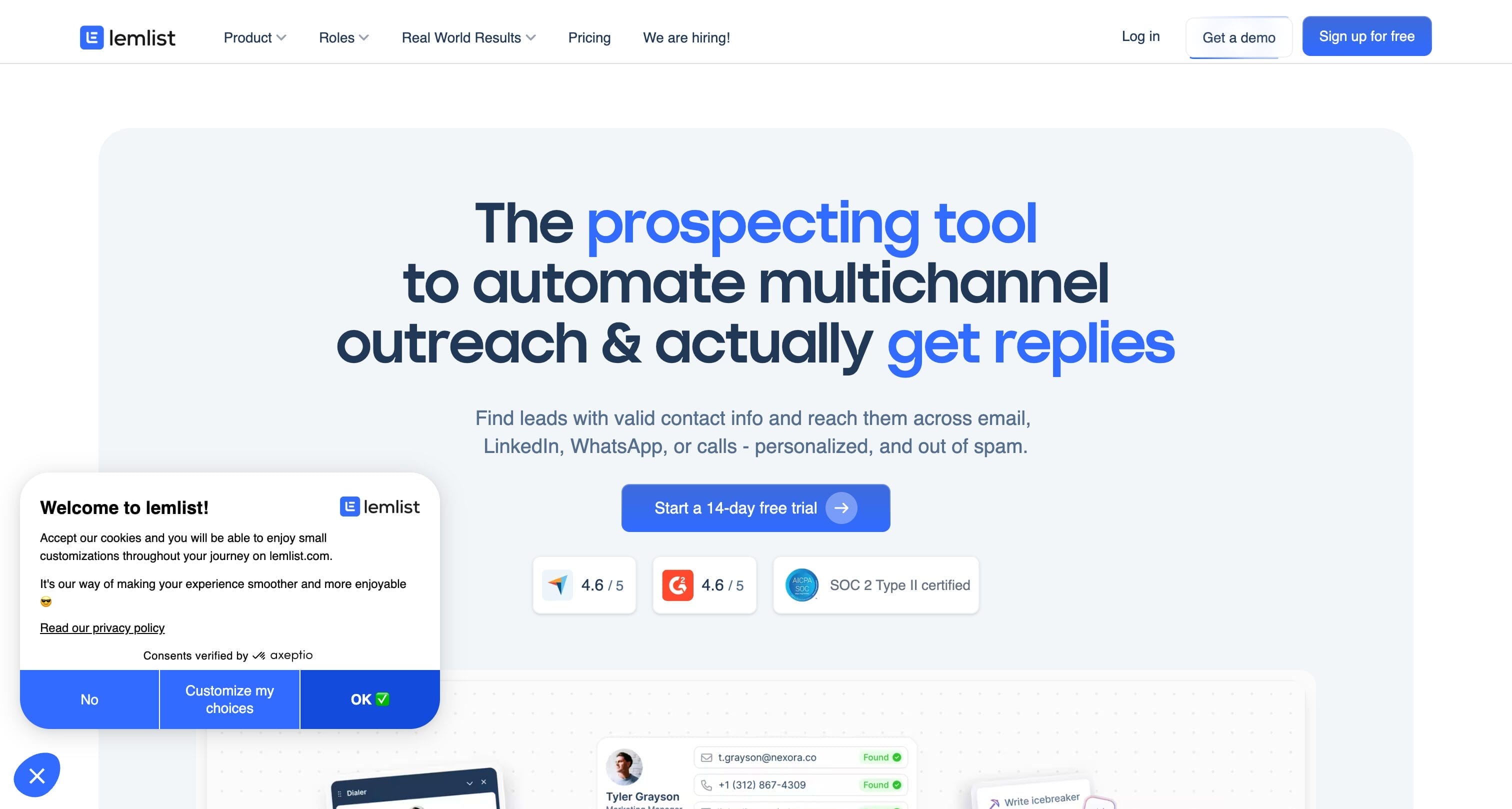 Lemlist homepage showing multichannel outreach platform with personalized email, LinkedIn, and phone outreach