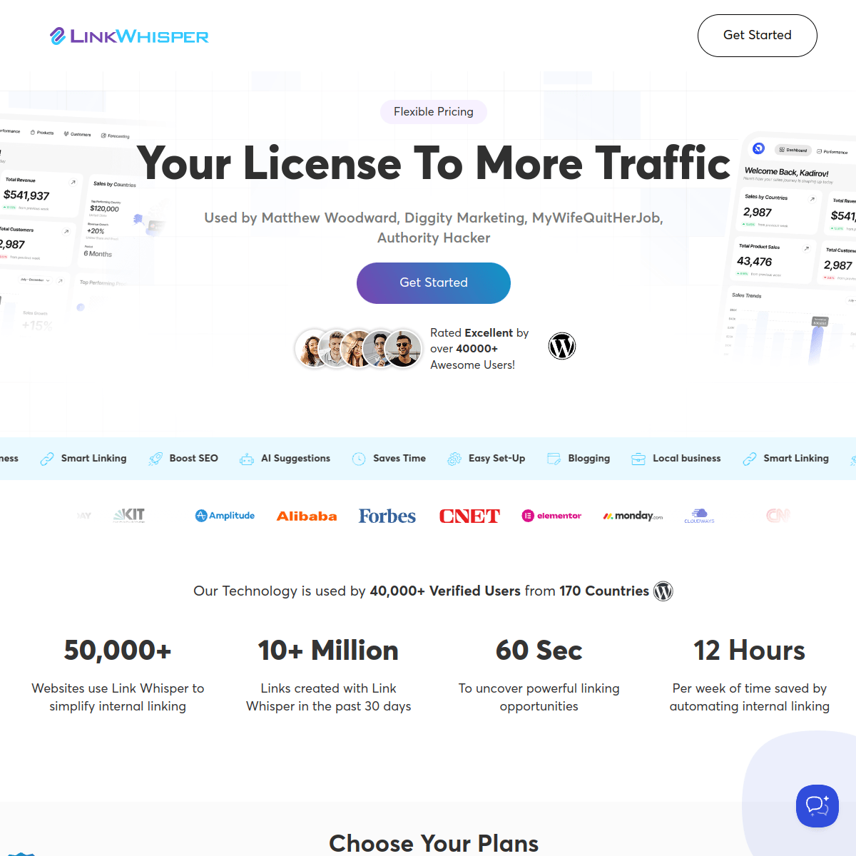 Link Whisper pricing page showing four plans: Starter ($97/year for 1 site), Growth ($197/year for 3 sites), Pro ($297/year for 10 sites), and Agency ($497/year for 50 sites)