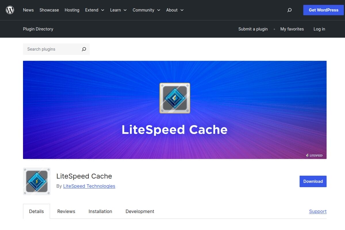 LiteSpeed Cache plugin page on WordPress.org showing 7 million active installations, 4.8 star rating, and feature overview for WordPress caching