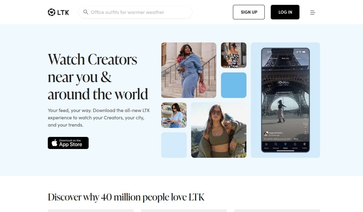 LTK (formerly RewardStyle) affiliate platform homepage showing the leading fashion influencer monetization tool for fashion bloggers