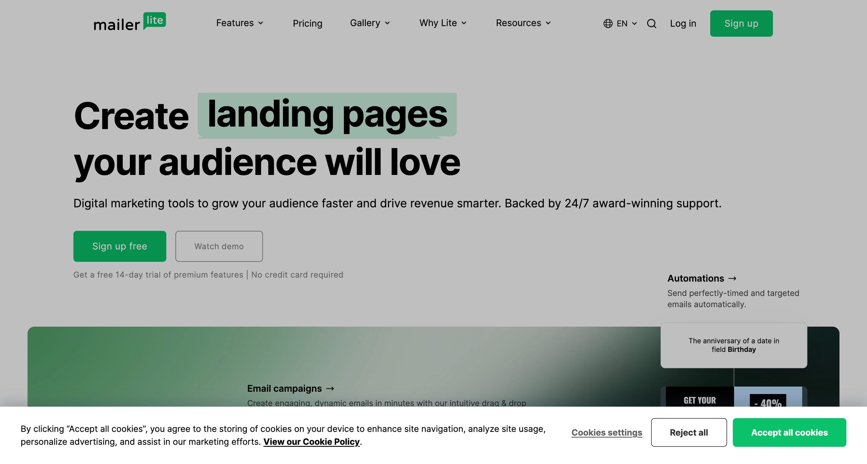 MailerLite homepage showing email marketing platform with drag-and-drop editor, automation, and website builder