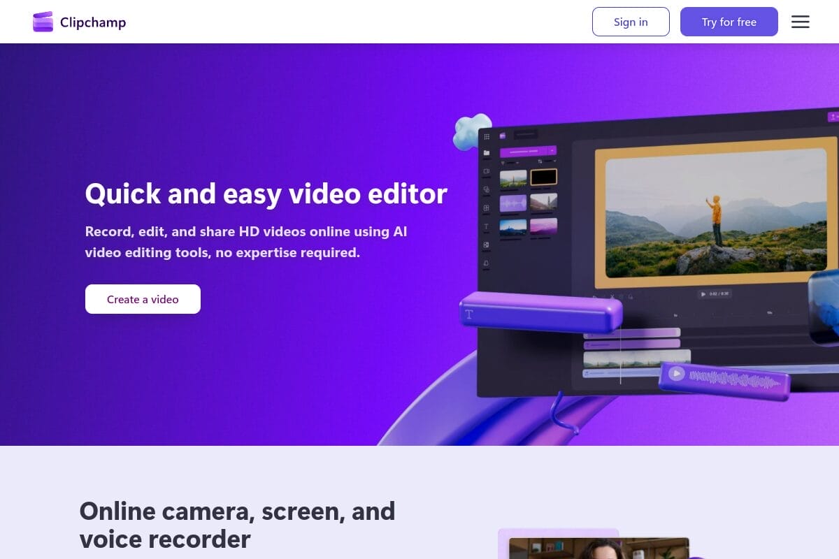 Microsoft Clipchamp homepage showing the free browser-based video editor built into Windows 11 with AI subtitle generation