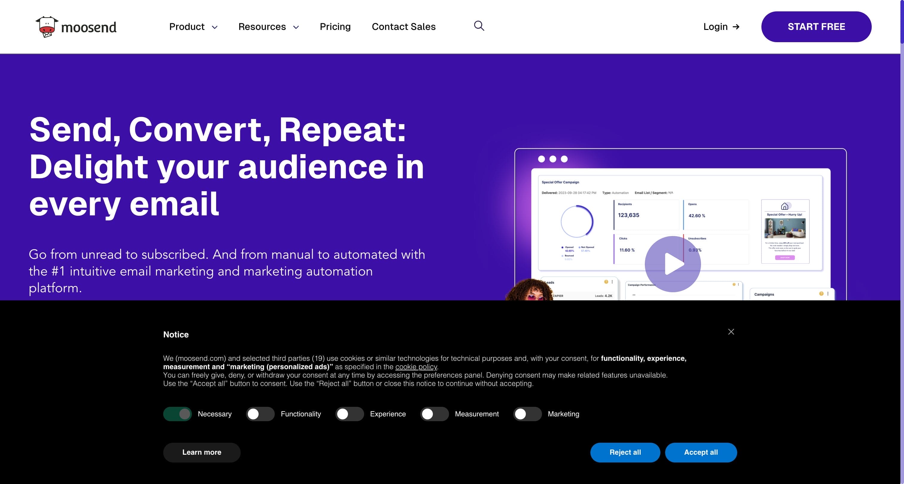 Moosend homepage showing affordable email marketing and automation platform with AI-powered features