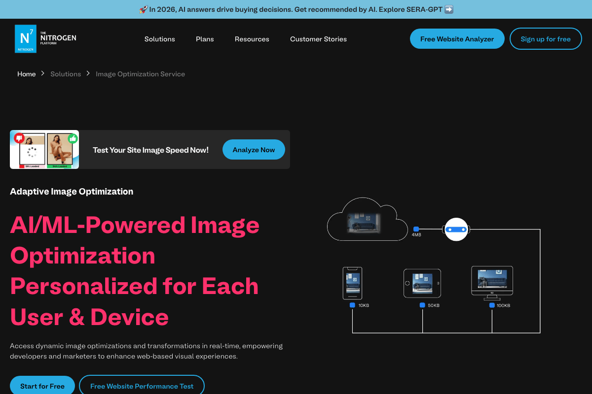 N7 Nitrogen image CDN homepage showing automatic image optimization and WebP conversion service