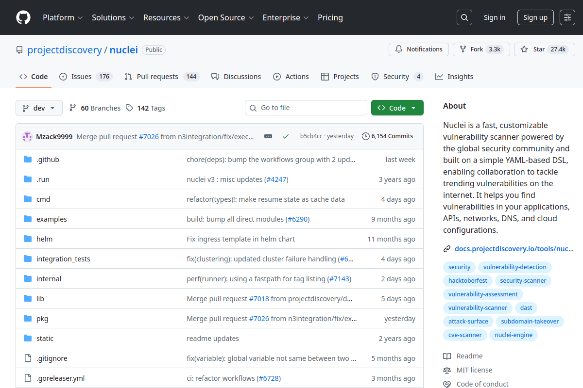 Nuclei GitHub repository page showing the open-source vulnerability scanner with 11,000+ community templates by ProjectDiscovery