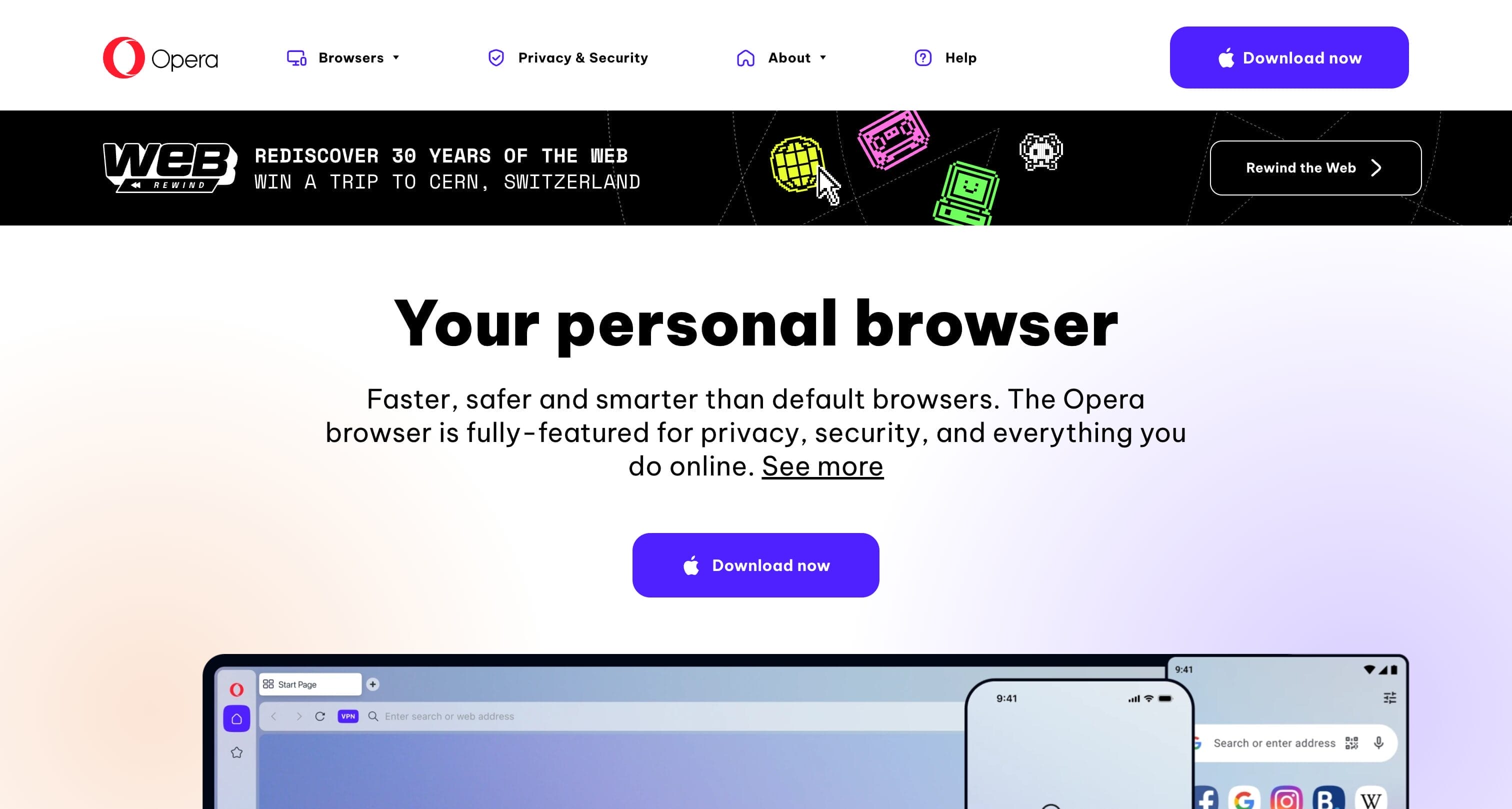 Opera browser homepage showing built-in free VPN feature with no data limits