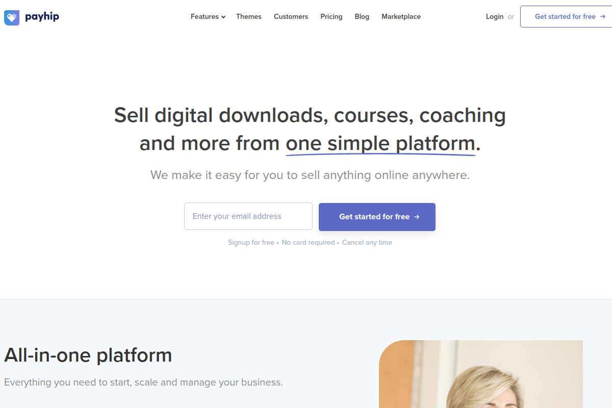 Payhip homepage showing free plan features for selling digital products, courses, and memberships