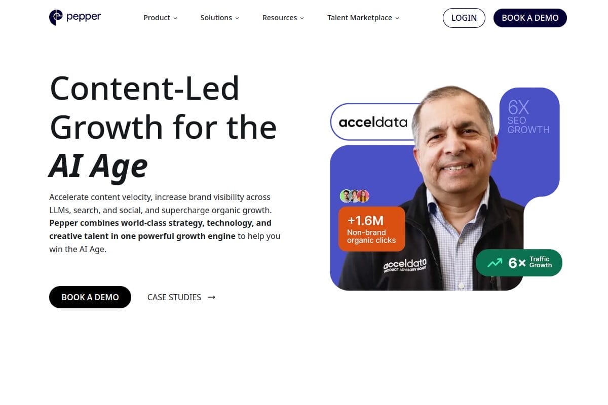 Pepper Content homepage showing India's largest AI-powered content marketplace connecting writers with businesses for content creation