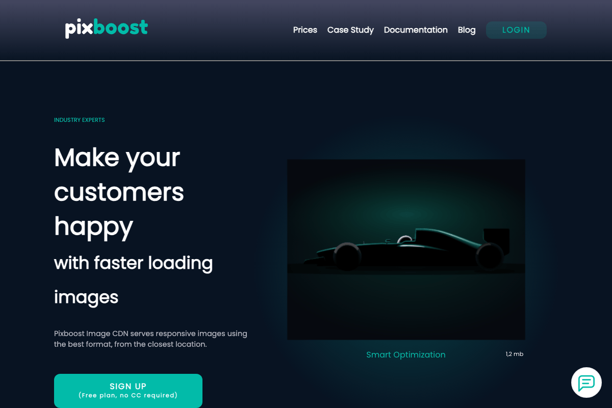 Pixboost image CDN homepage showing image optimization API and responsive images service with simple pricing
