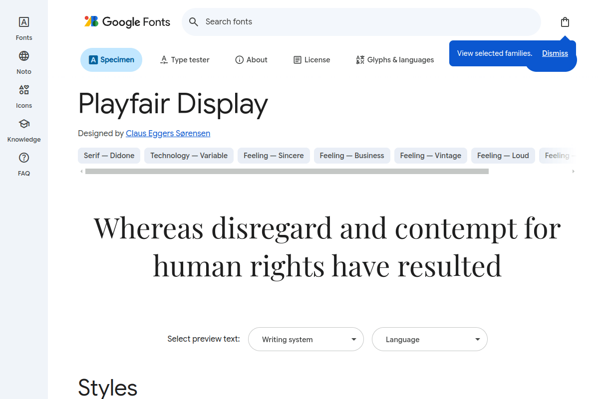 Playfair Display serif font specimen page on Google Fonts showing elegant high-contrast letterforms ideal for WordPress headings