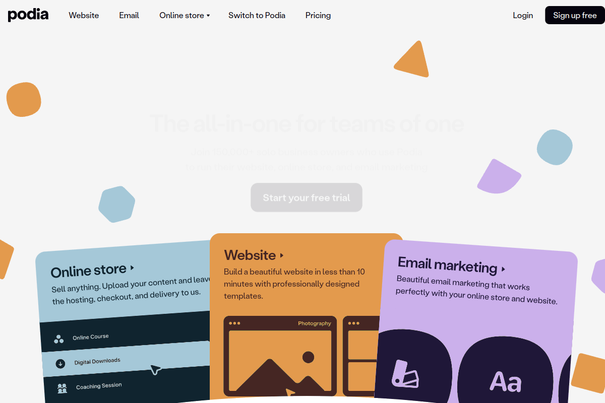 Podia homepage showing all-in-one platform for courses, digital downloads, memberships, and email marketing