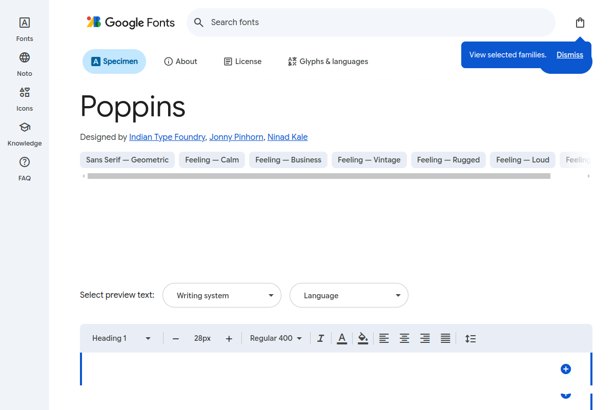 Poppins geometric sans-serif font specimen page on Google Fonts showing the trending font used on 6% of all websites