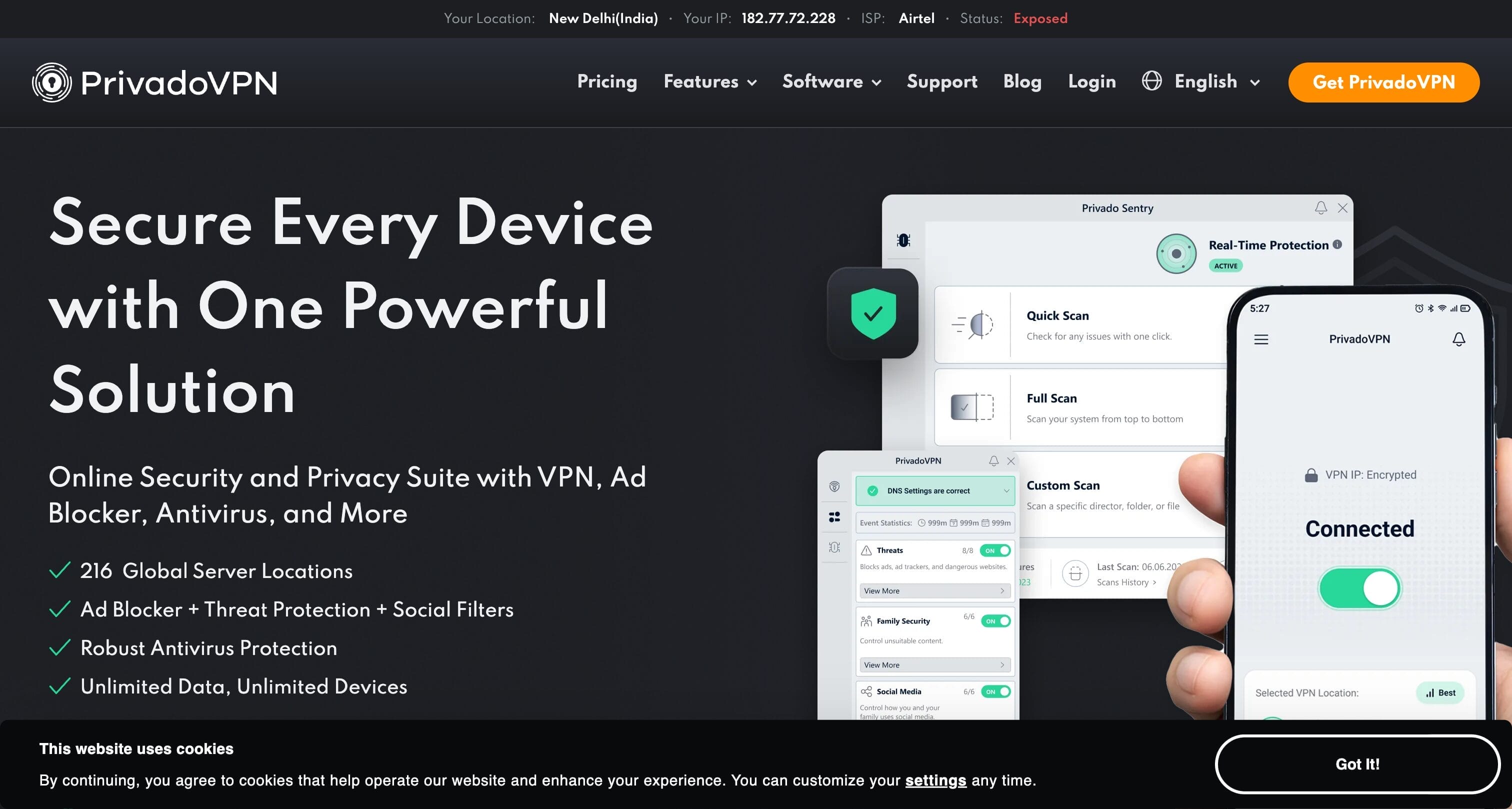 PrivadoVPN homepage showing Swiss-based free VPN with 10GB monthly data and no-logs policy