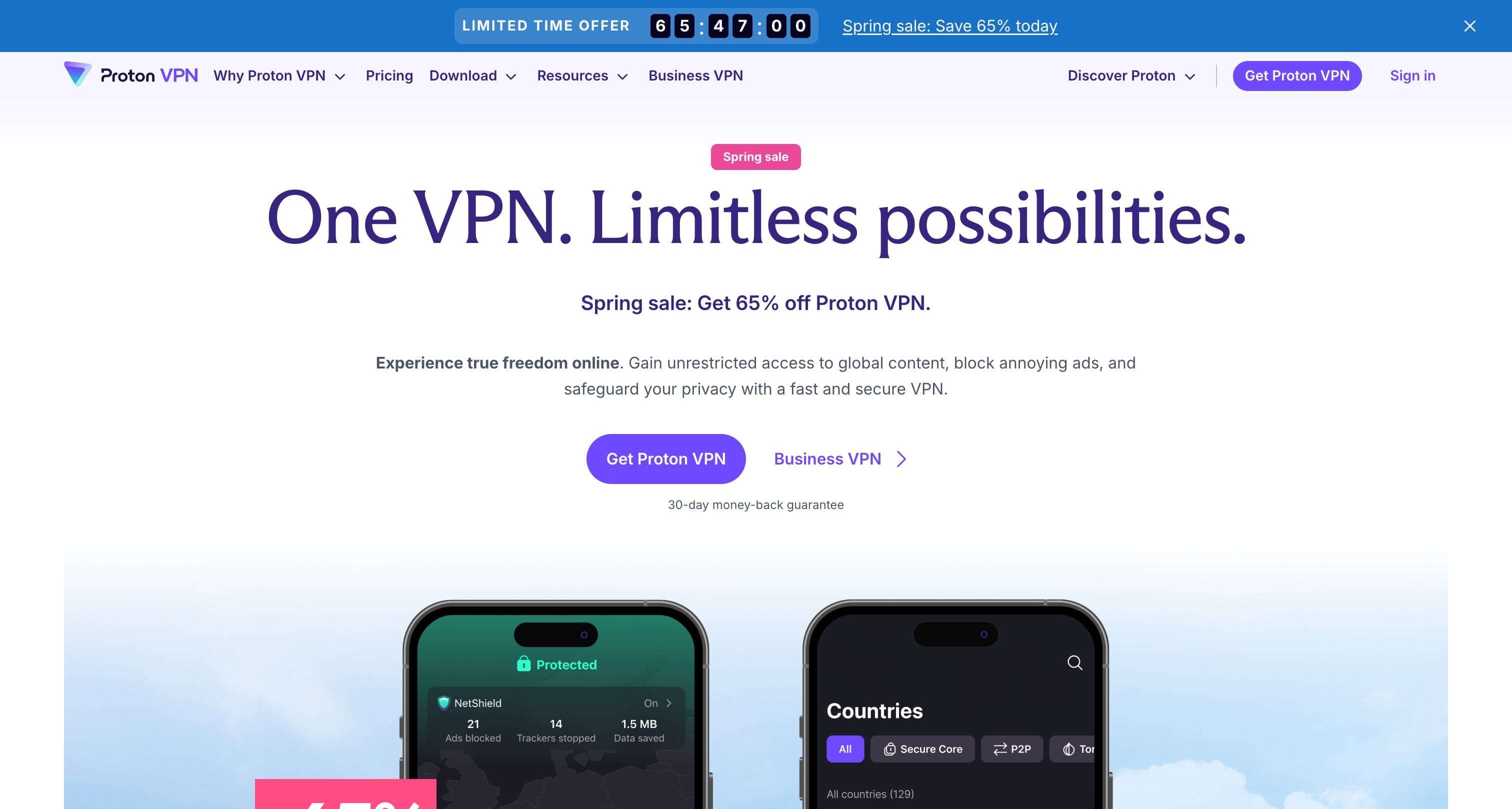 Proton VPN homepage showing privacy-focused VPN service from the makers of Proton Mail with free and paid plans