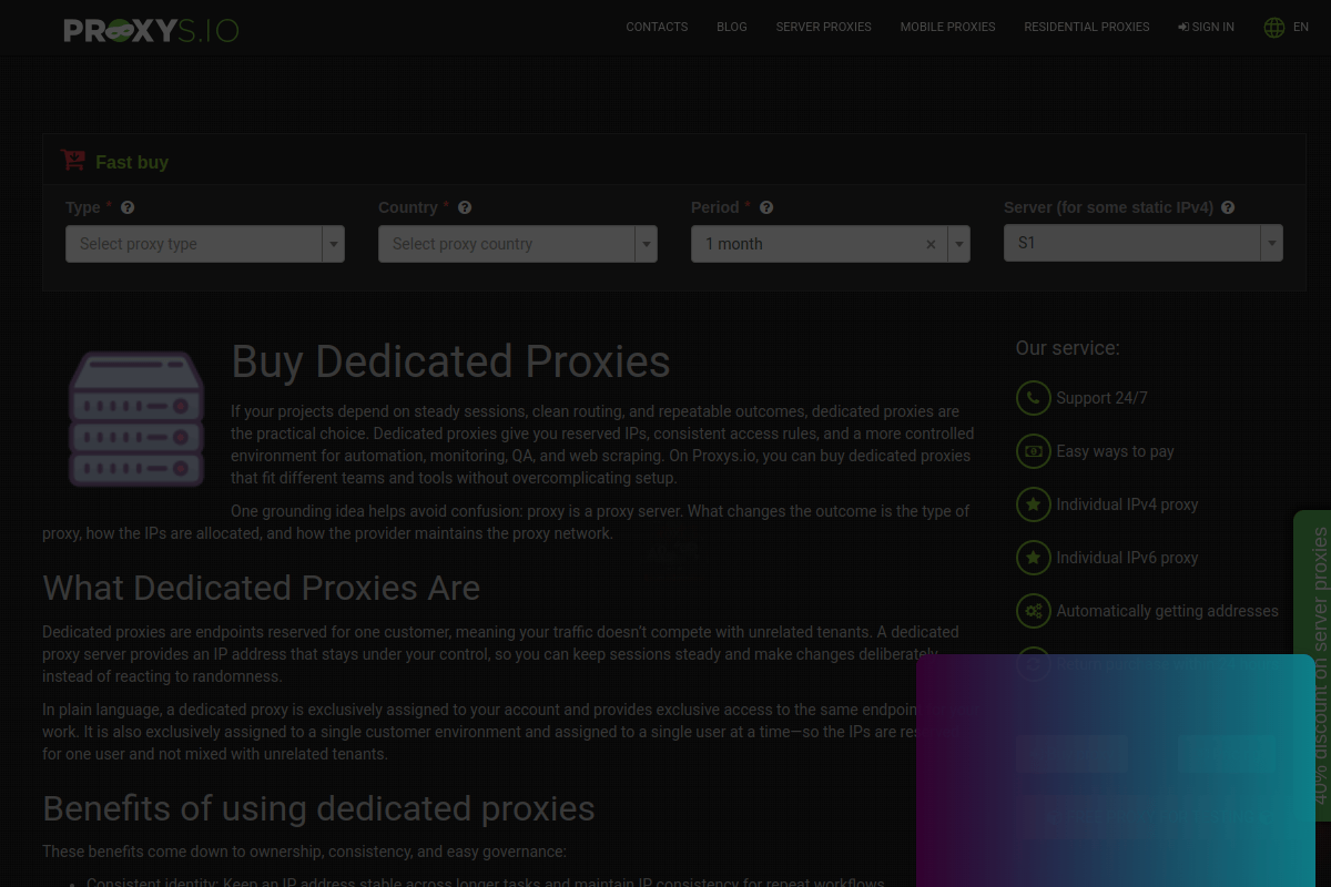 Proxys.io dedicated datacenter proxy pricing page showing individual IPv4 proxy plans with pricing starting at $1.40 per month for bulk orders