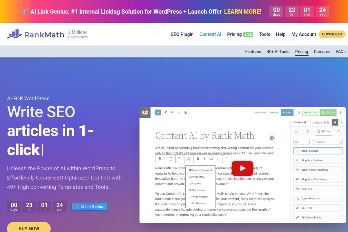 Rank Math Content AI page showing AI-powered SEO content optimization features for WordPress