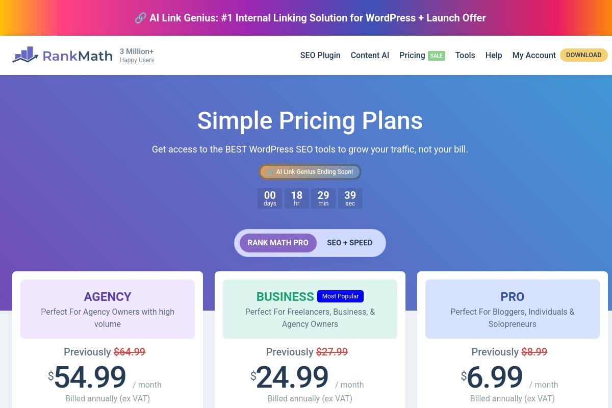 Rank Math pricing page showing Free, Pro ($99/year), Business ($199/year), and Agency plans for WordPress SEO