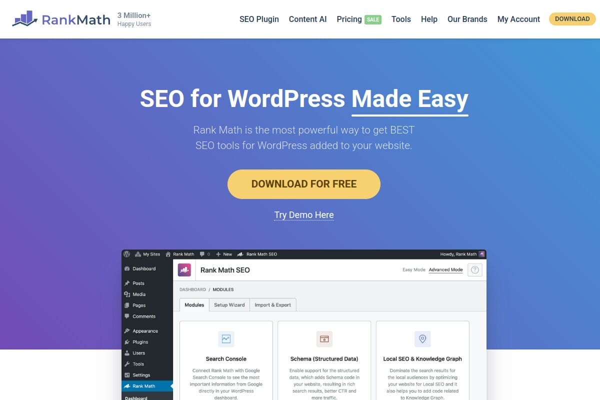 Rank Math SEO plugin homepage showing the #1 WordPress SEO plugin with AI-powered content optimization features