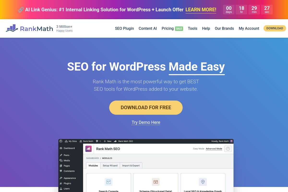 Rank Math homepage showing the feature-rich WordPress SEO plugin with 3 million active installations and AI-powered tools