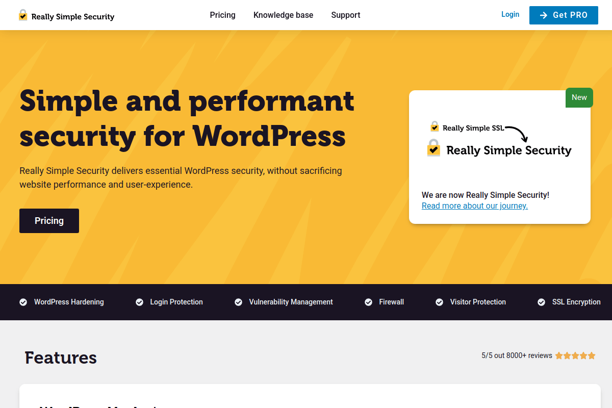 Really Simple Security homepage showing SSL enforcement, HTTPS migration, and WordPress hardening features