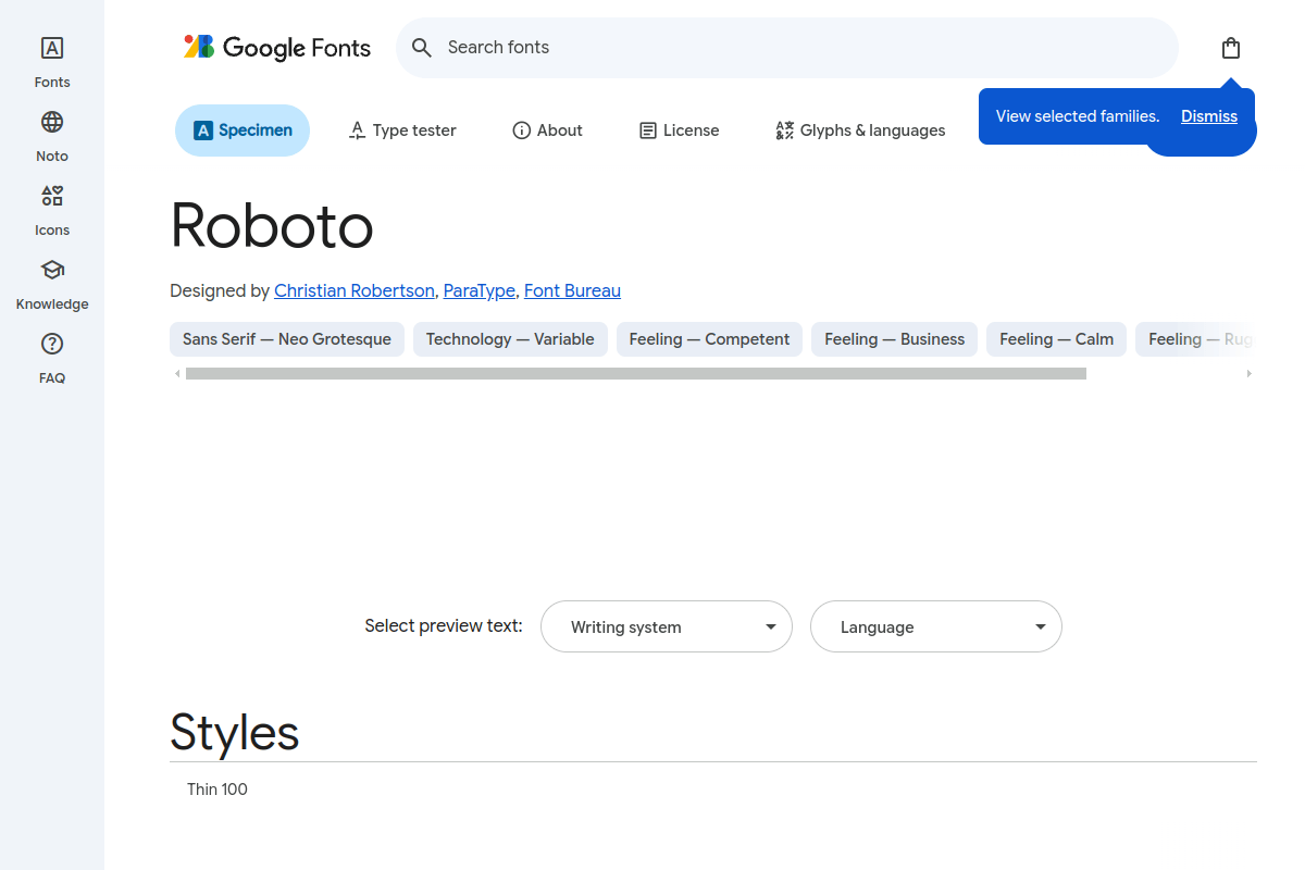 Roboto font specimen page on Google Fonts showing the most popular Google Font with 28 trillion all-time views