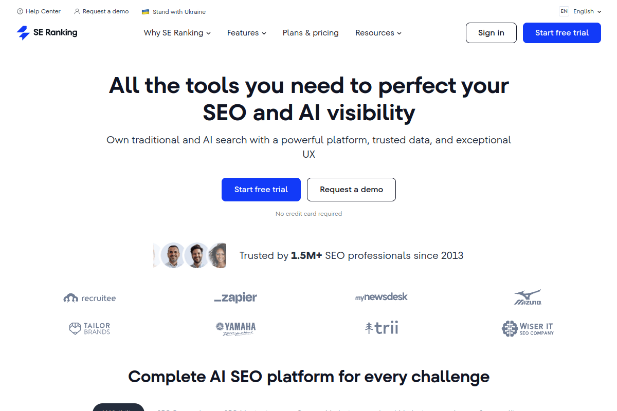 SE Ranking homepage showing its all-in-one SEO platform with keyword research, rank tracking, and site audit tools