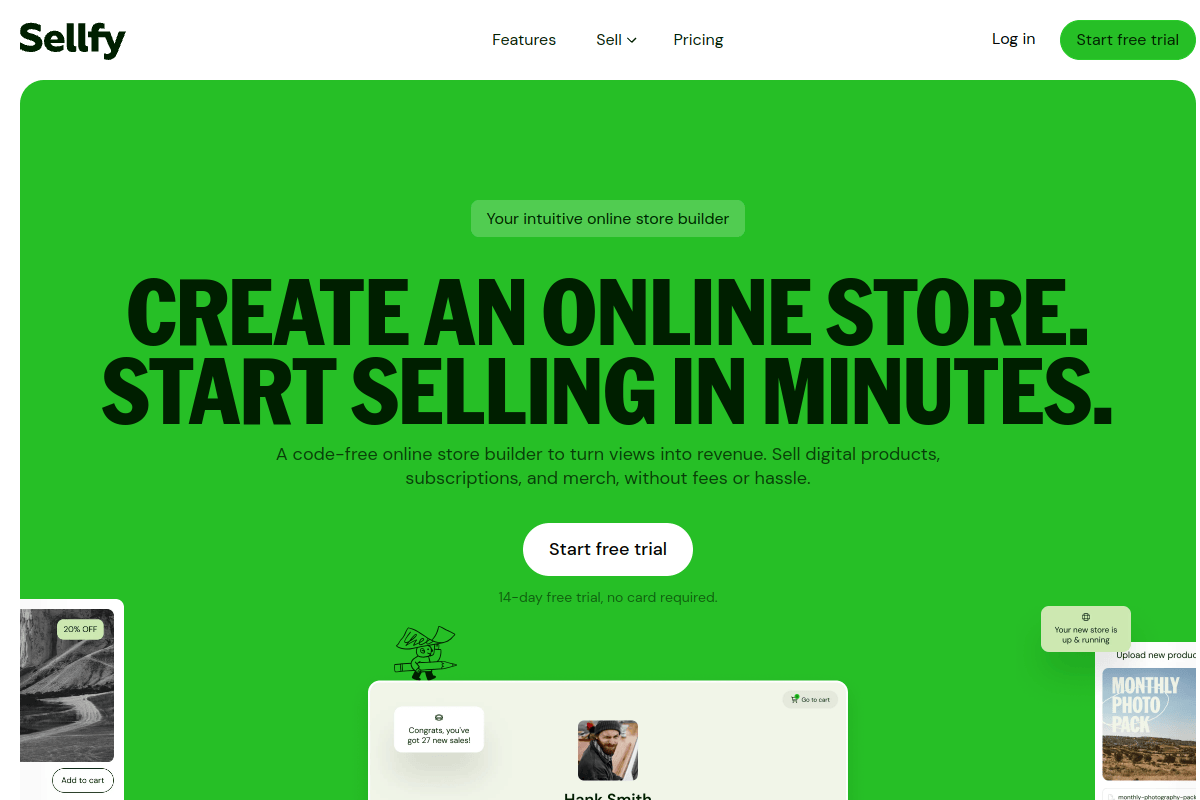 Sellfy homepage showing zero transaction fee plans for selling digital products and merchandise