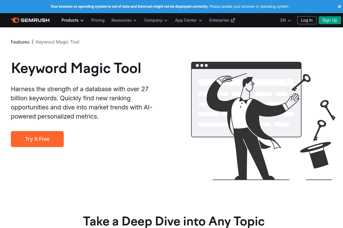 Semrush Keyword Magic Tool page showing the keyword research interface with search volume, keyword difficulty, and competitive analysis features