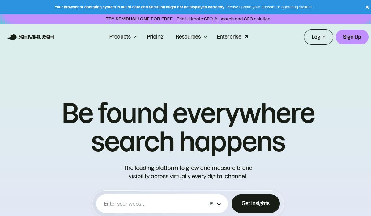 Semrush all-in-one digital marketing suite homepage with SEO, PPC, content marketing, and competitive research tools