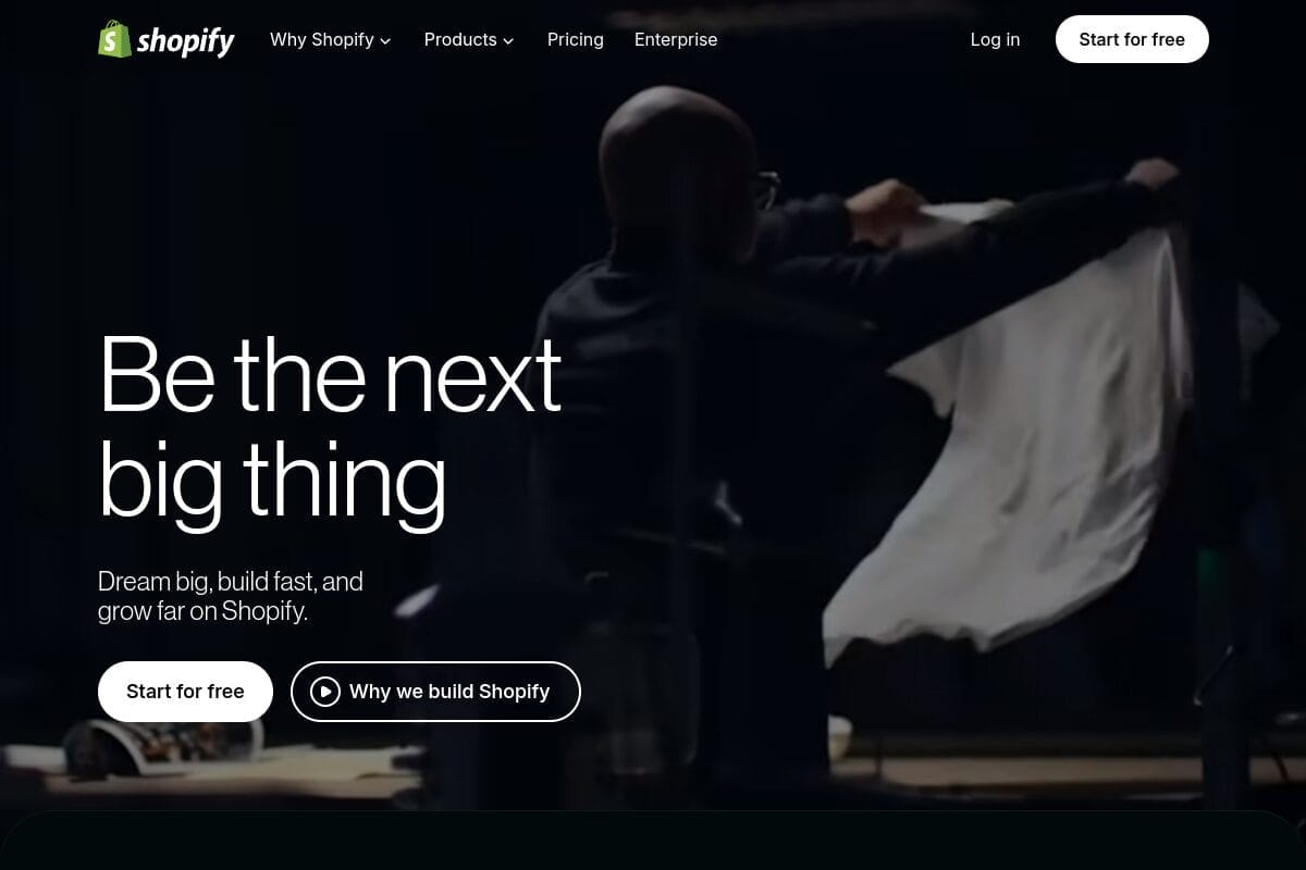Shopify homepage displaying its full ecommerce platform features for building online stores