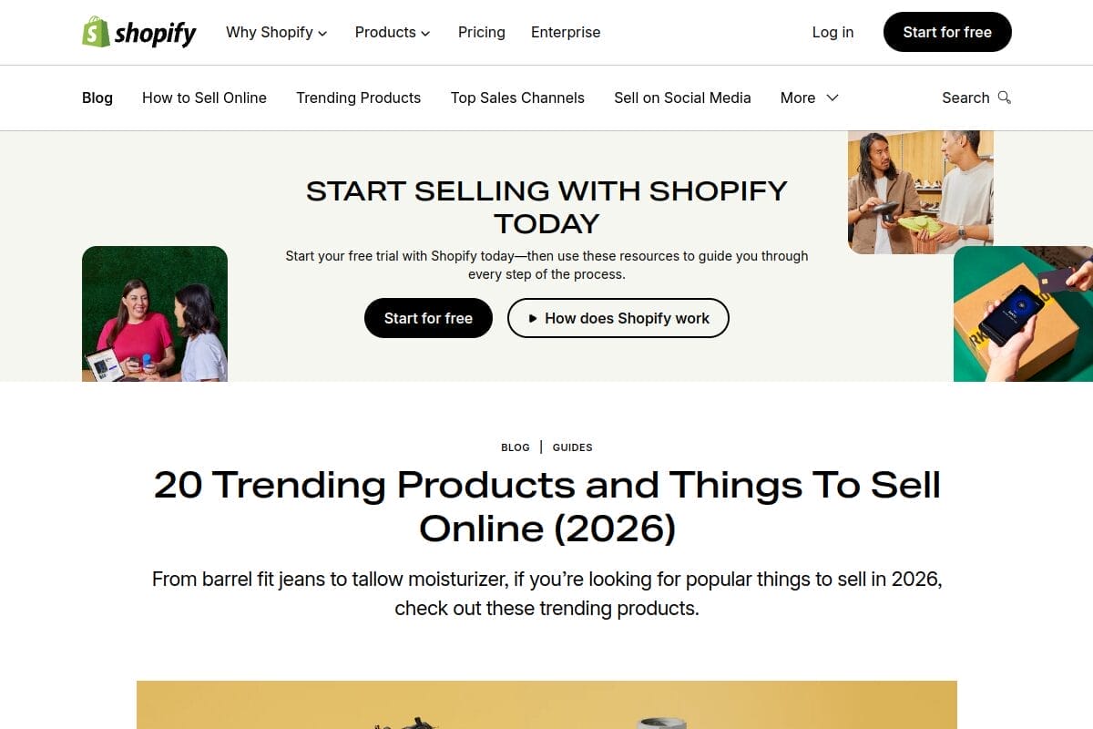 Shopify blog page showing 20 trending products and things to sell online in 2026, a key competitor resource for product research