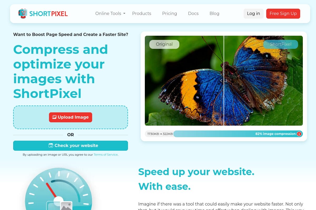 ShortPixel homepage showing WordPress image optimization plugin features including WebP conversion, lossy and lossless compression