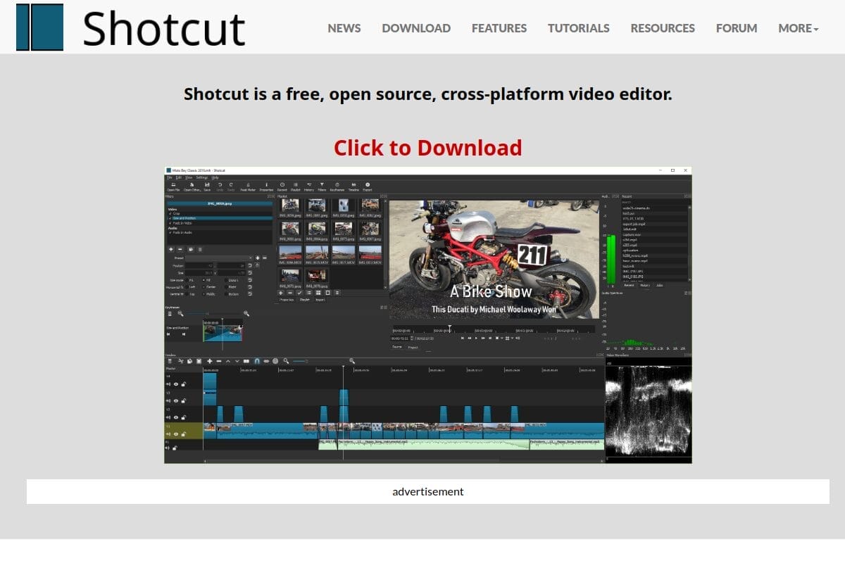 Shotcut homepage showing the free open-source cross-platform video editor with multi-format timeline and 4K support