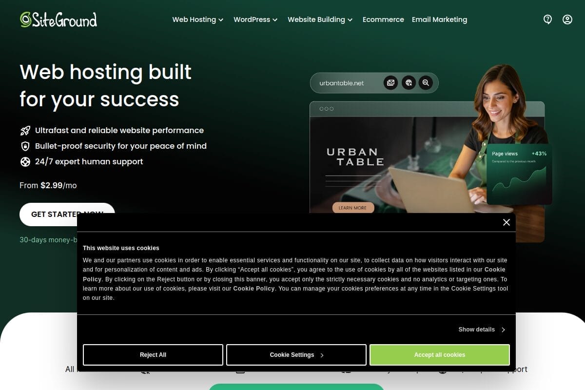 SiteGround web hosting page showing StartUp, GrowBig, and GoGeek plans with SuperCacher technology and Google Cloud infrastructure