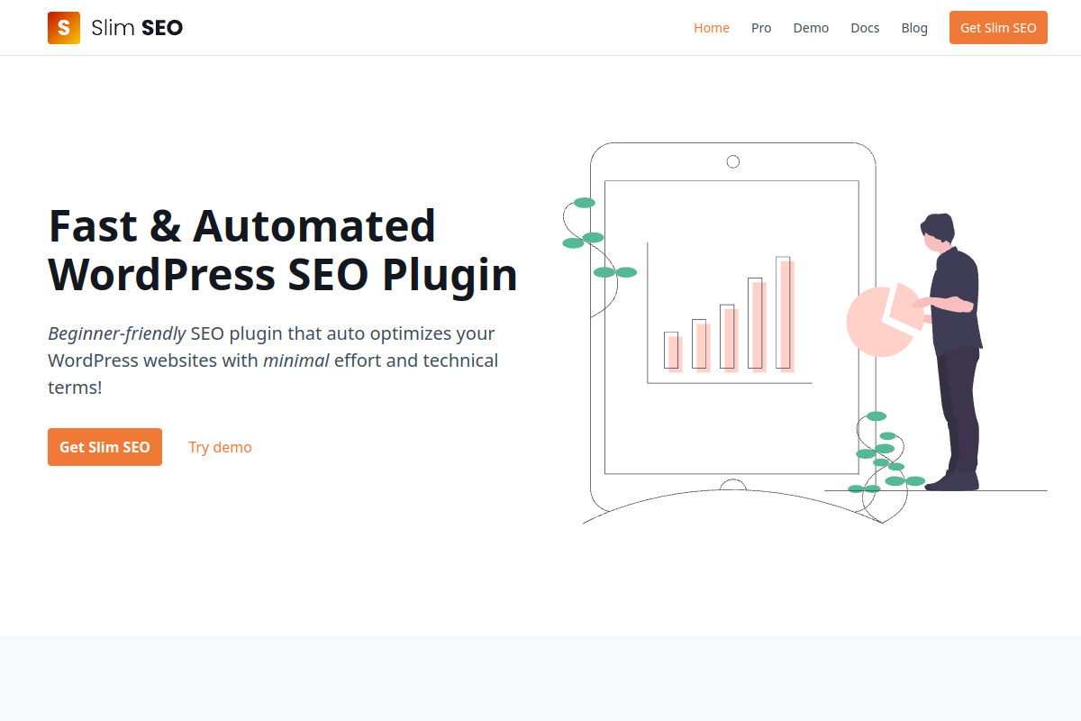 Slim SEO homepage showing the lightweight WordPress SEO plugin with automatic configuration and minimal setup