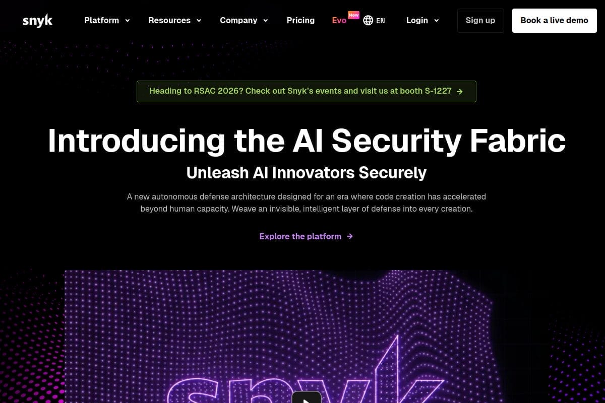 Snyk homepage showing developer-first security platform with SCA, SAST, DAST, and container scanning capabilities