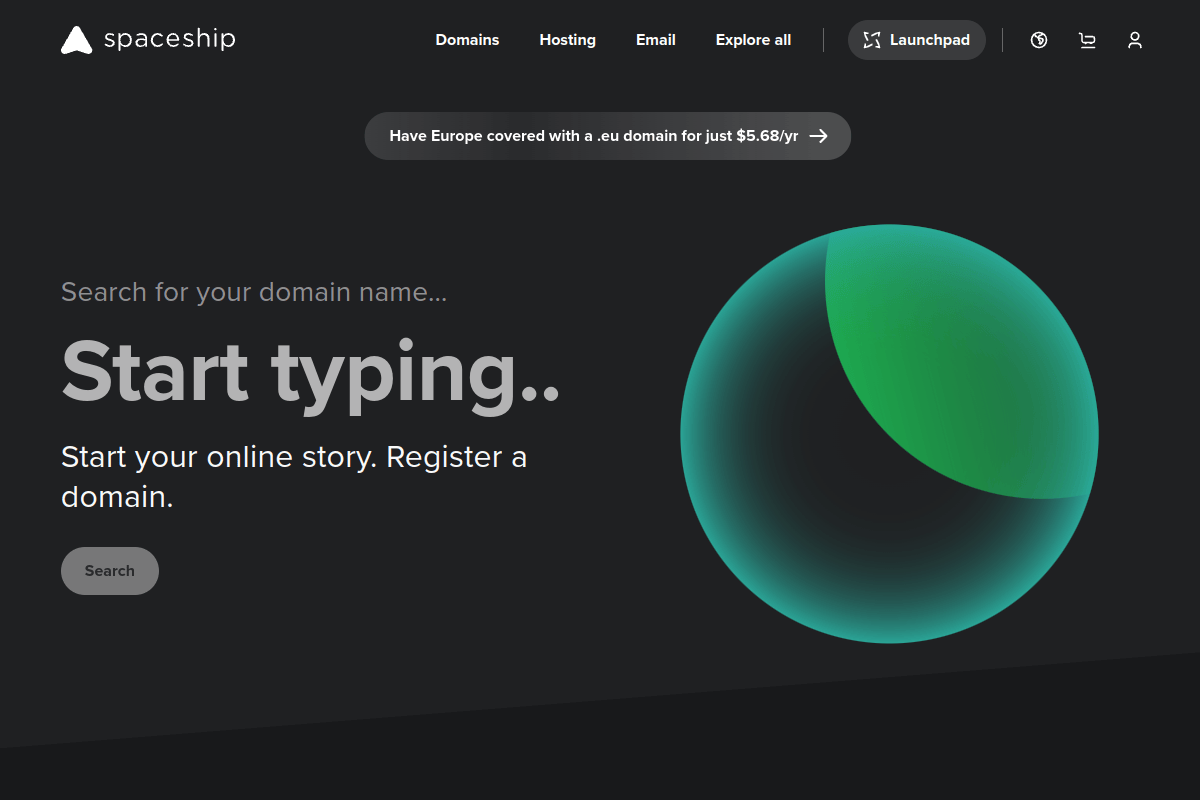 Spaceship domain registrar homepage showing domain search and pricing with modern clean interface