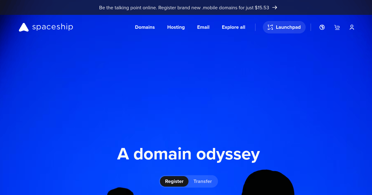 Spaceship domain registrar homepage showing affordable domain registration and transfer pricing with free WHOIS protection included