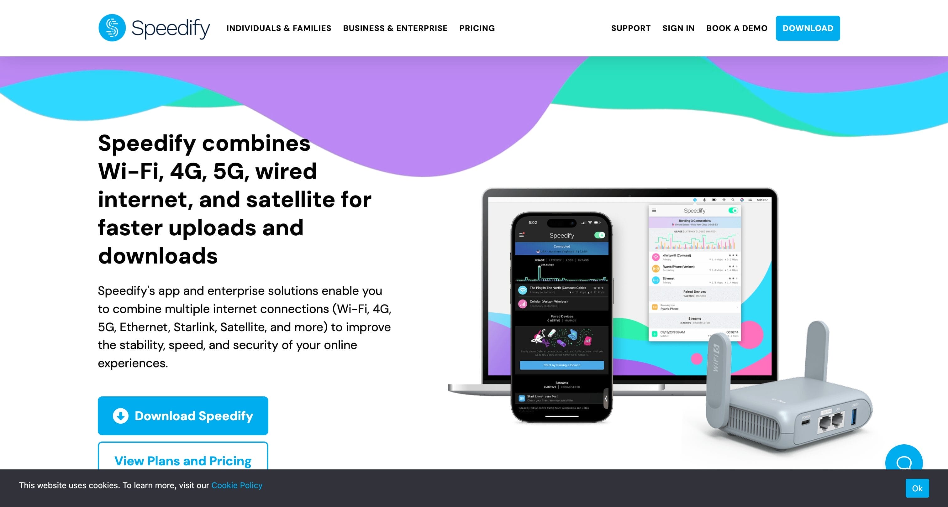 Speedify VPN homepage showing channel bonding VPN that combines multiple connections for faster speeds