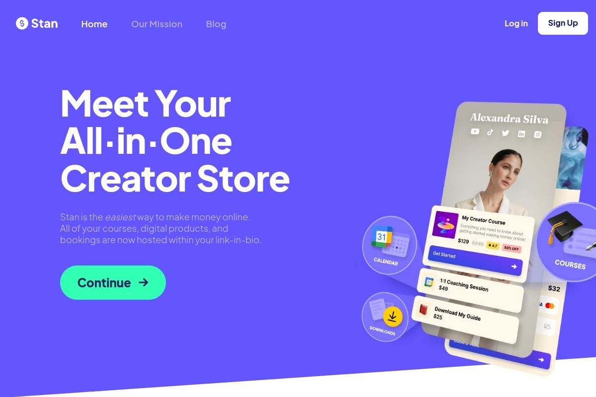 Stan Store homepage showing link-in-bio storefront for social media creators selling digital products