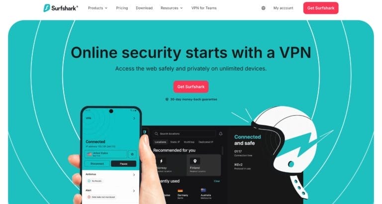 Surfshark VPN homepage showing award-winning VPN service with online security features and global server network