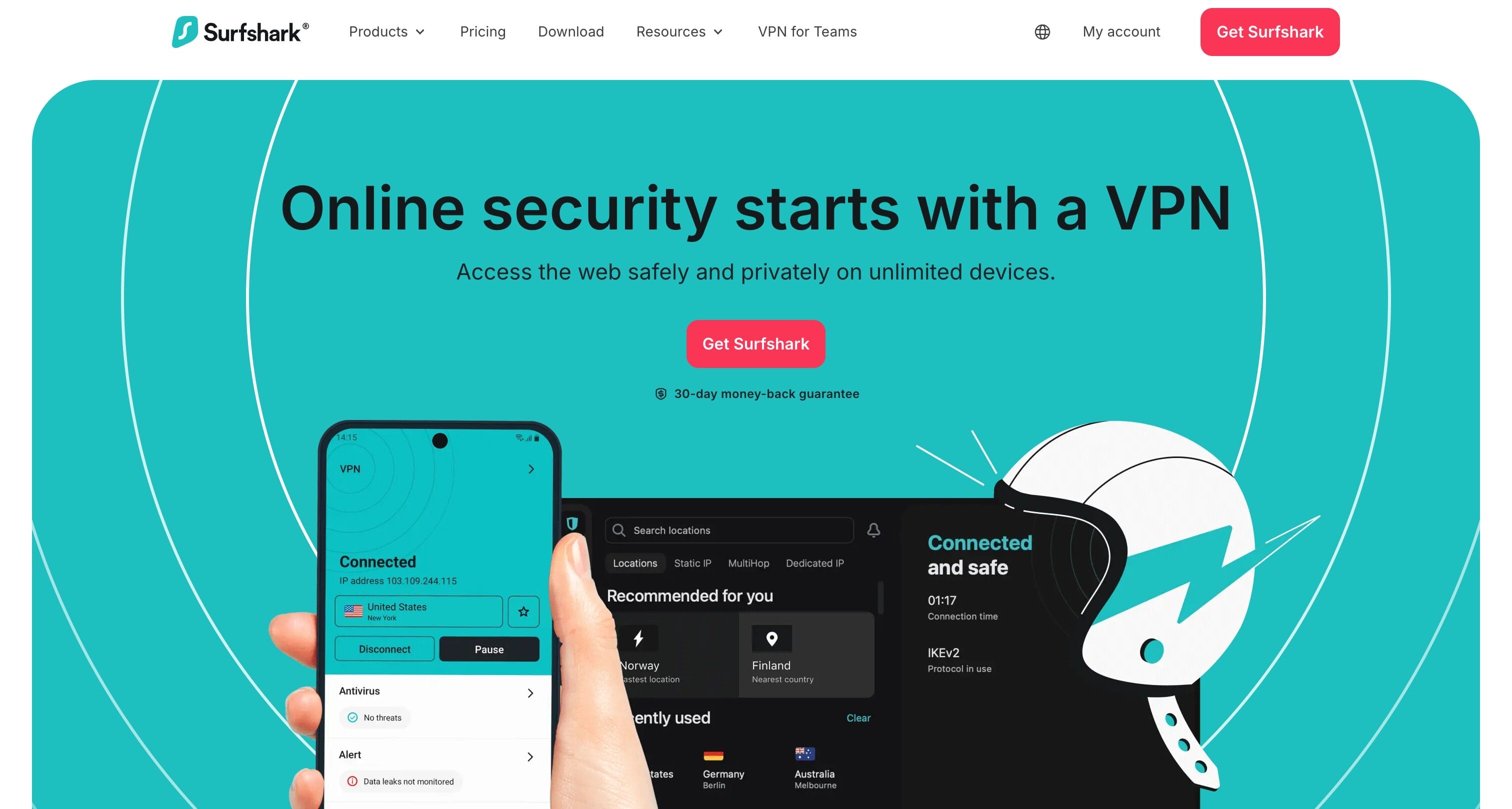 Surfshark VPN homepage showing award-winning VPN service with online security features and global server network