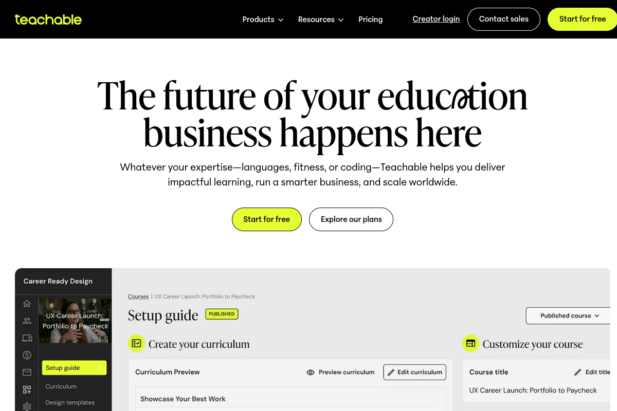 Teachable homepage displaying course creation and student management features for educators