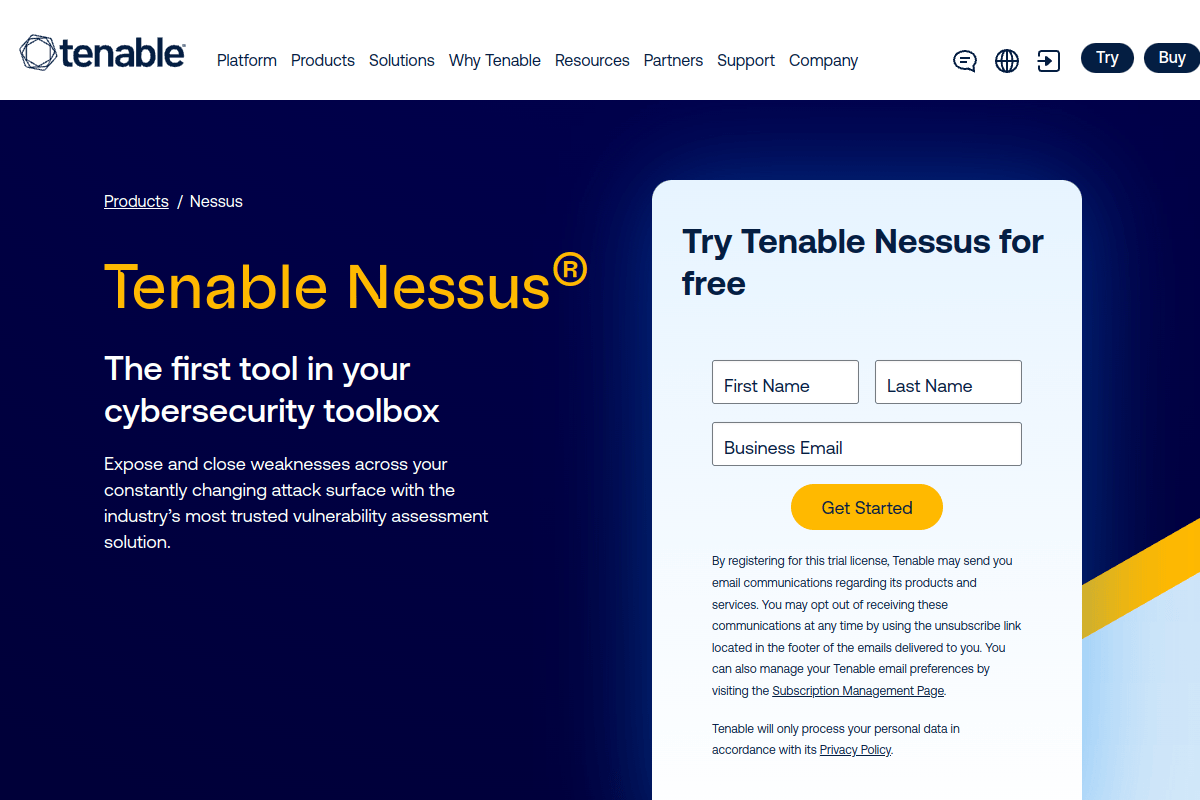 Tenable Nessus product page showing the world's most deployed vulnerability scanner with 200,000+ checks