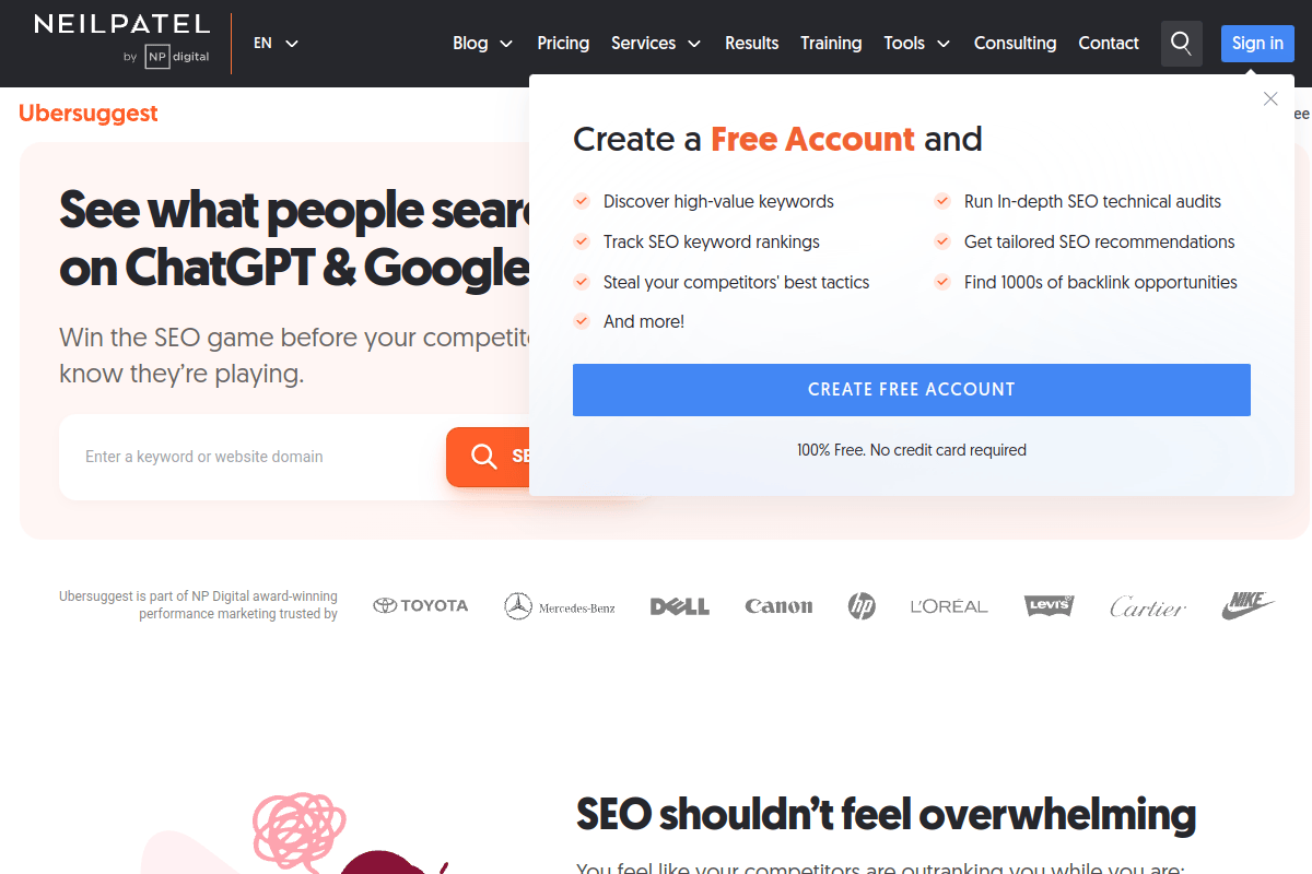 Ubersuggest homepage by Neil Patel showing keyword research and SEO analysis features with lifetime pricing option