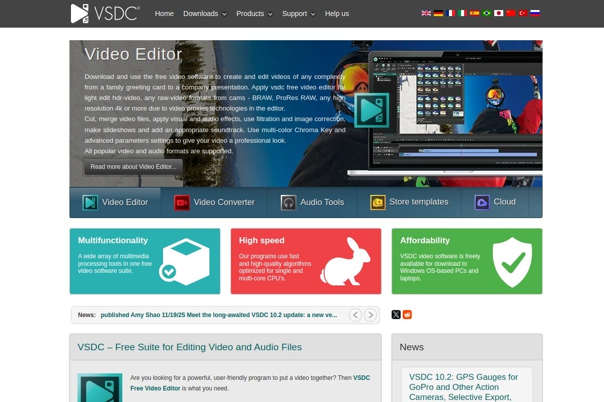 VSDC Free Video Editor homepage showing the non-linear video editing tool for Windows with chroma key, motion tracking, and 4K export